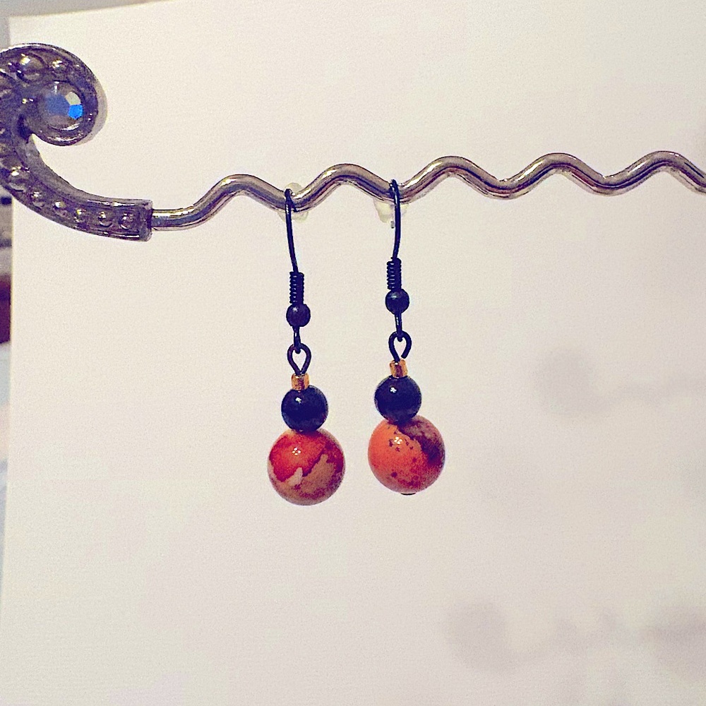 Earrings Pierced Handcrafted Unique Orange/Black Glass Bead w/Black and Orange
